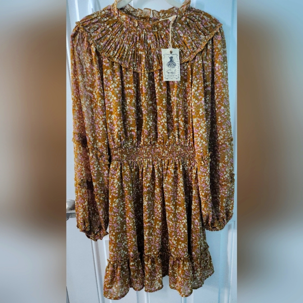 Easel NWT Boho Prairie Mini Dress Ruffled Sz S Floral Camel Pink Cream Puff
